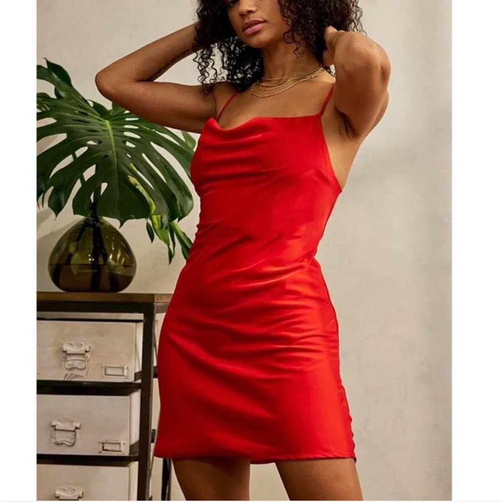 Urban Outfitters Red Cowl Neck Silk Slip Mini Dress